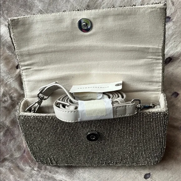 Anthropologie Gunmetal Beaded Fringe Top-Handle Bag - Picture 4 of 5